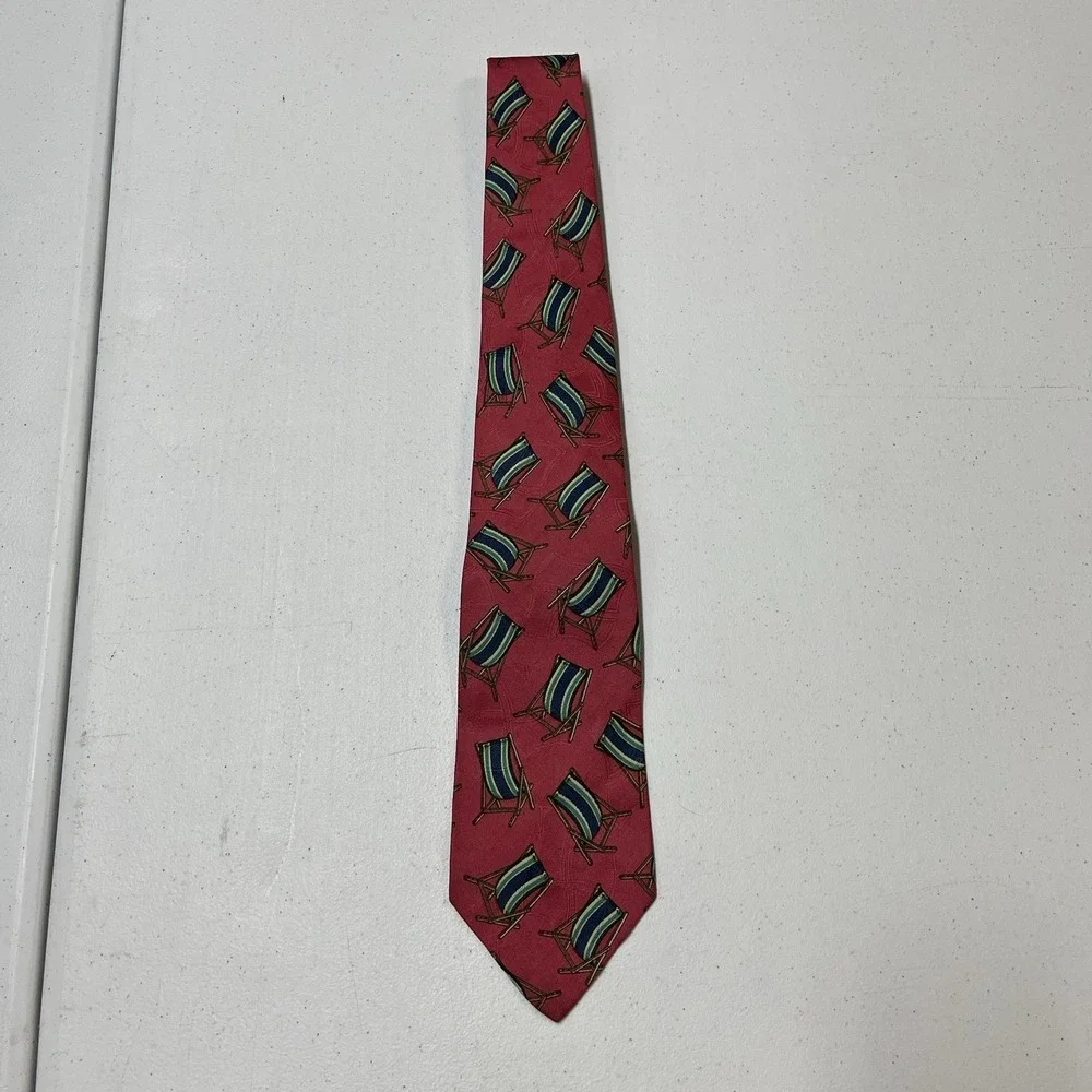 Vintage Polo Ralph Lauren Tie Red Silk Beach Lounge Chair Print Preppy Resort